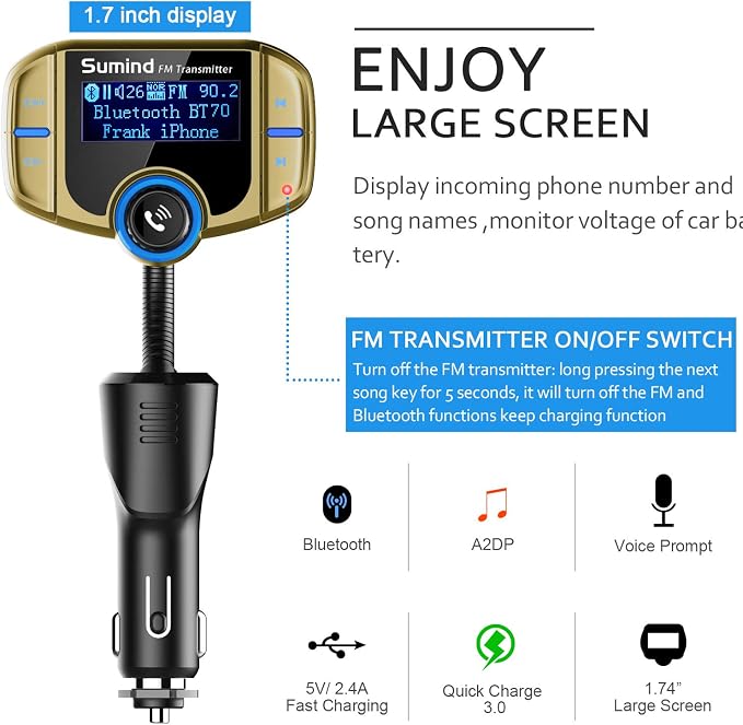 Upgraded Bluetooth FM Transmitter, Wireless Radio Adapter Hands Free Car Kit - Image 3