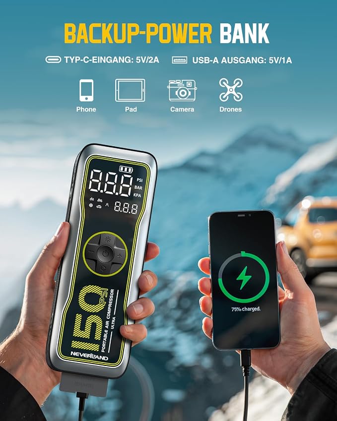 NEVERLAND Tire Inflator Portable Air Compressor - 16000mAh 150PSI Air Pump - Image 8