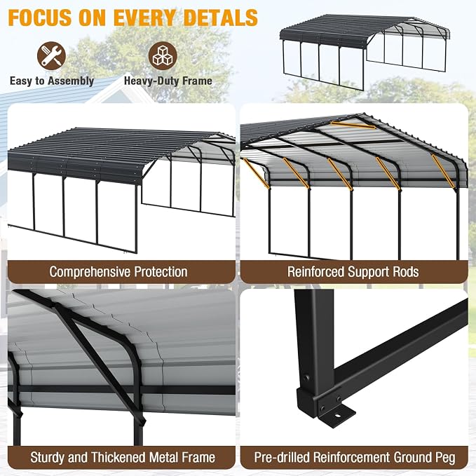 EBE 20' x 20' Outdoor Carport, Heavy Duty Metal Carports - Image 3