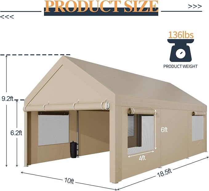 Shintenchi Carport 10' x 20' Heavy Duty Portable Garage, Car Port Canopy - Image 3
