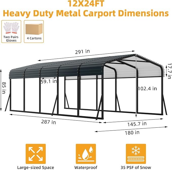 12' x 24' Heavy Duty Metal Carport - Image 2