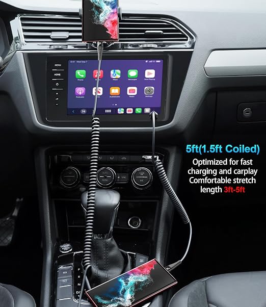 Coiled USB C to C Cable for Car 5FT, USB Type C Charger Cable 100W Short USBC - Image 4