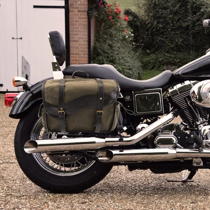 NICECNC Motorcycle Saddlebags Vintage Oil Waxed Canvas Leather, 30L Throw Over - Image 2
