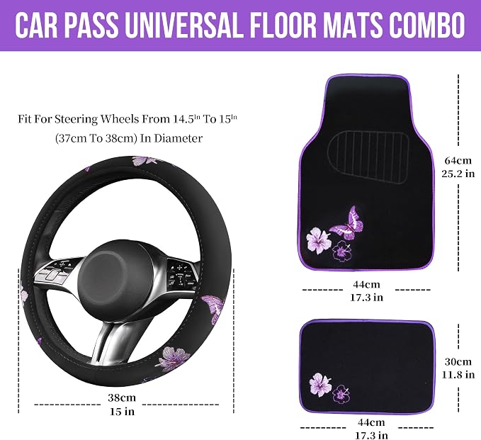 CAR PASS Butterfly Steering Wheel Cover and Waterproof Car Floor Mats, Sedans - Image 5