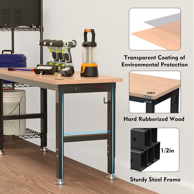 WORKPRO 60" Adjustable Workbench, Rubber Wood Top Heavy-Duty Workstation - Image 5