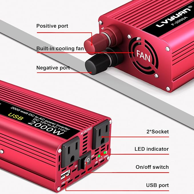 1000W Power Inverter 12V DC to 110V AC Car Plug Adapter Outlet Converter - Image 3