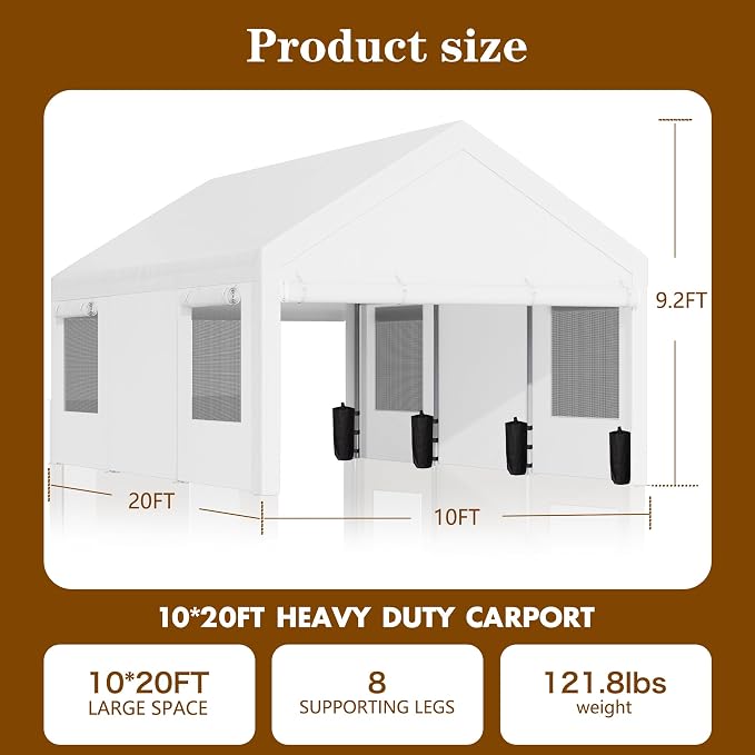 Walsunny Carport 10x20ft Heavy Duty Carport Canopy - Image 2