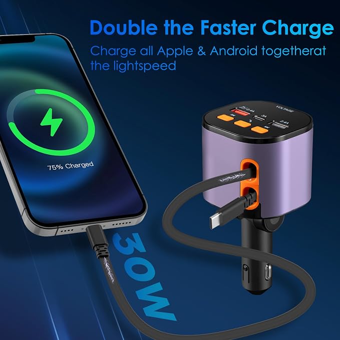 Retractable Car Charger, 5 in 1 Fast Car Phone Charger 90W, Handsfree Call - Image 4