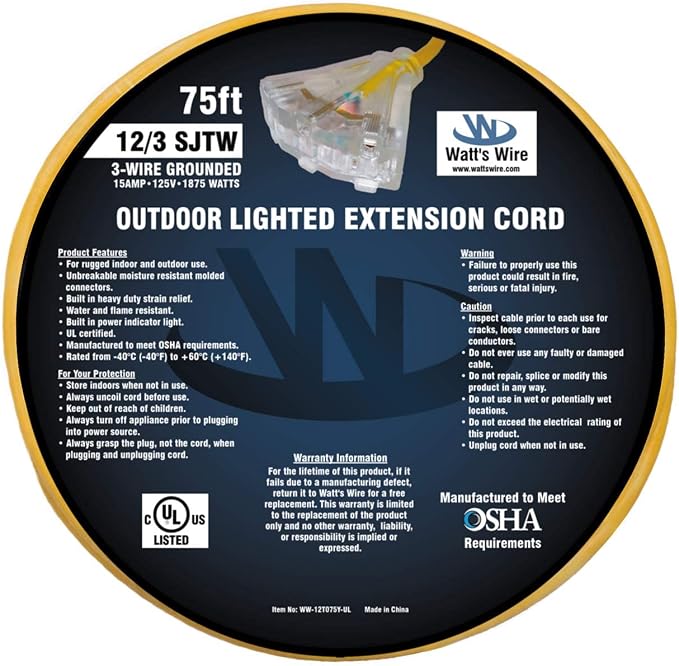 75 ft - 12 Gauge Heavy Duty Extension Cord - 3 Outlet Lighted SJTW - - Image 6