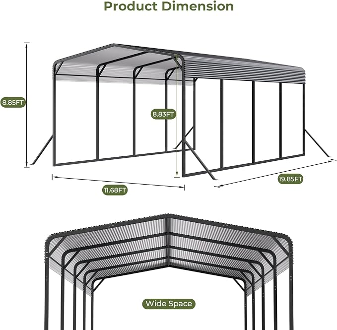 Carport 12x20 FT Heavy Duty Metal Carport, Outdoor Metal Canopy - Image 3
