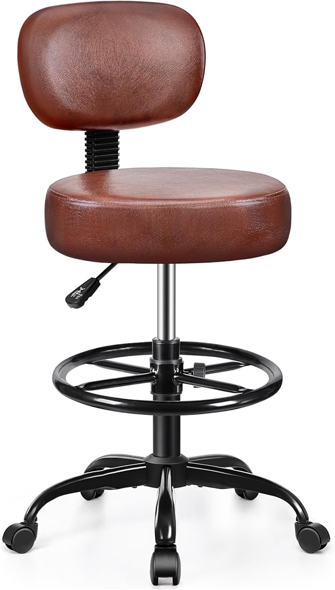 Drafting Chair with Backrest – Adjustable Foot Rest Rolling Stool with Wheels by BrickAttic