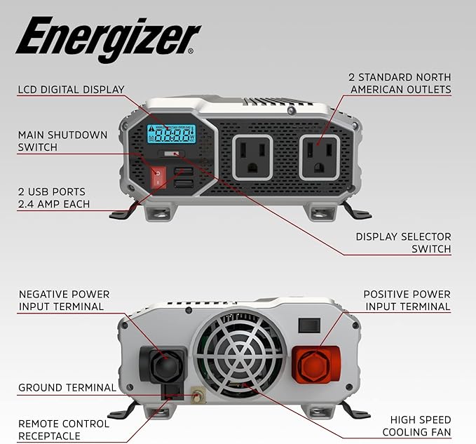 Energizer 1100 Watts Power Inverter Modified Sine Wave Car Inverter, 12V to 110 - Image 3