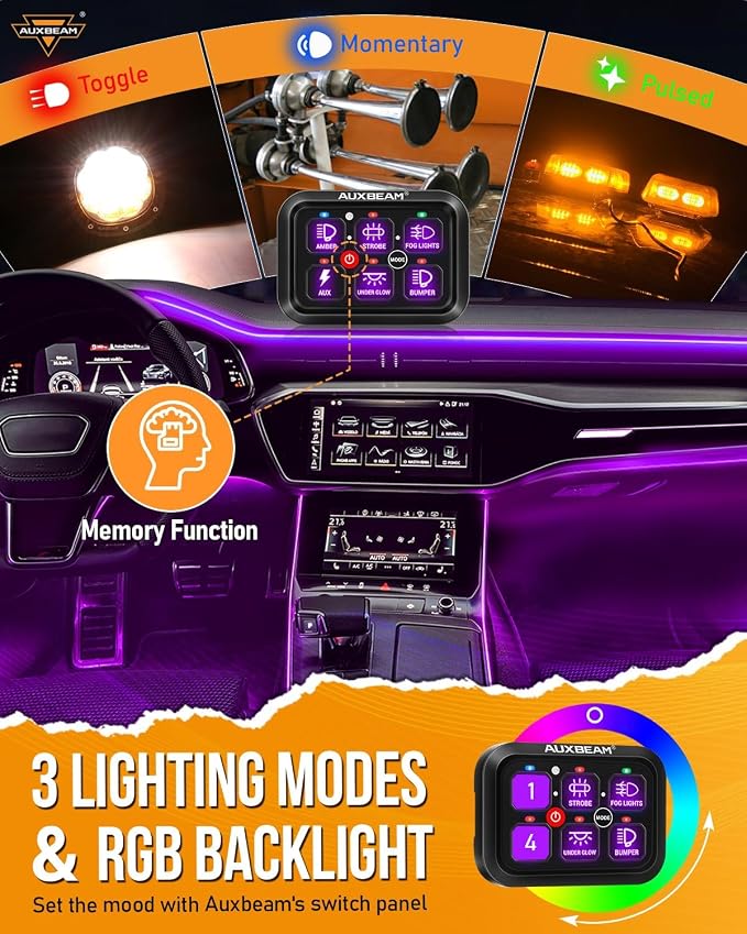 Auxbeam RGB 6 Gang Switch Panel RA60 Auto-Dimmable Switch Panel w/Momentary - Image 2