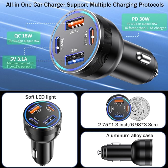 Car Charger USB C Fast Charging, 65W 4-Port Fast Car Phone Charger Accessories - Image 5