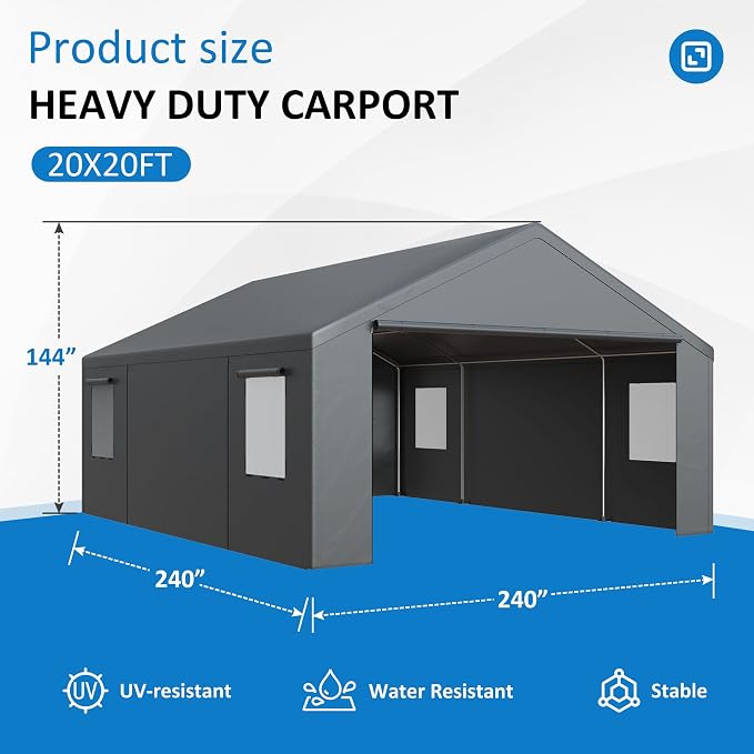 Polar Aurora Carport 20x20 FT, Heavy Duty Car Port Canopy, - Image 2