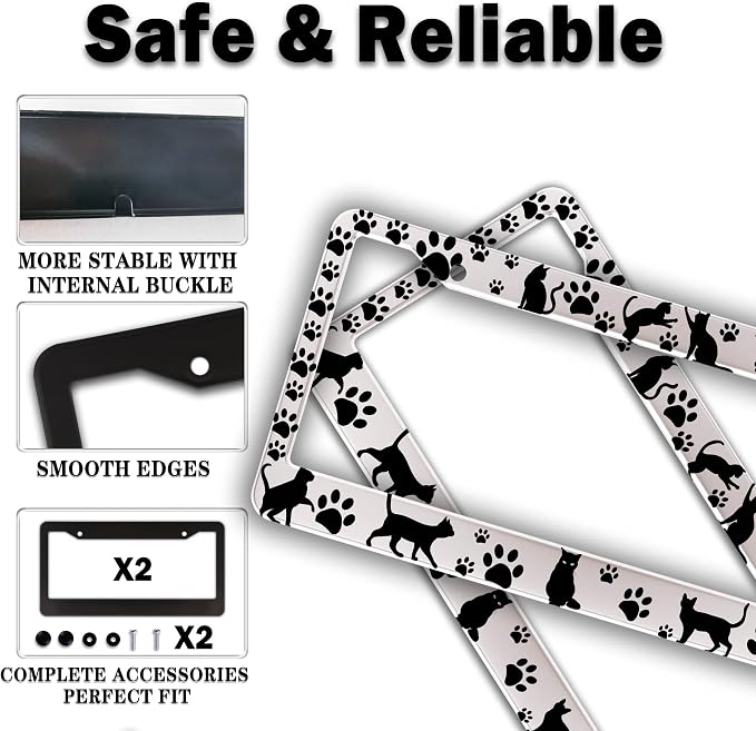 License Plate Frames Black and White License Plate Cover Kitty Cat Pawprints - Image 4