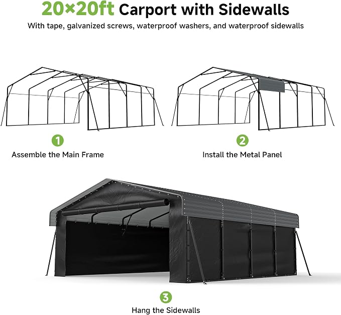 Real Relax 20x20ft Heavy Duty Metal Carport, Galvanized Steel Roof - Image 7
