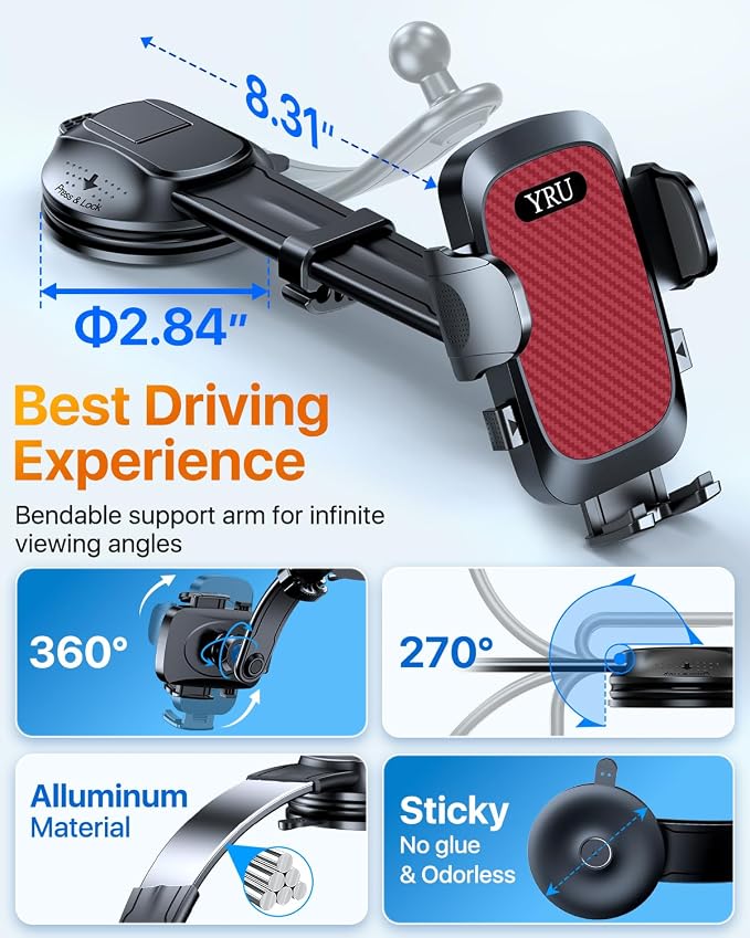 YRU Cell Phone Automobile Cradles Dashboard Windshield Pickup Truck Phone Mount - Image 8