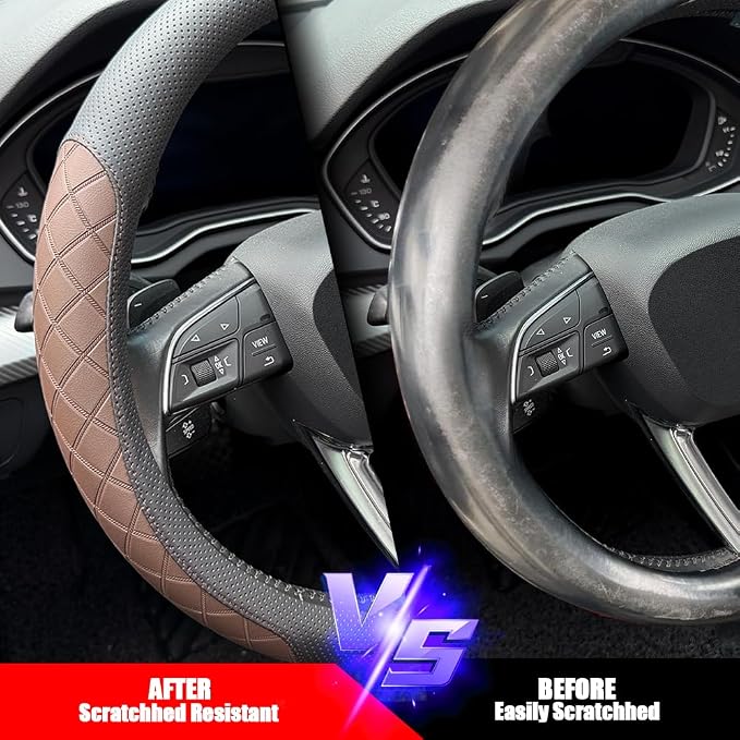 LKWLIKEI Nappa Leather Steering Wheel Cover, Elegant Diamond Checkered Design - Image 5