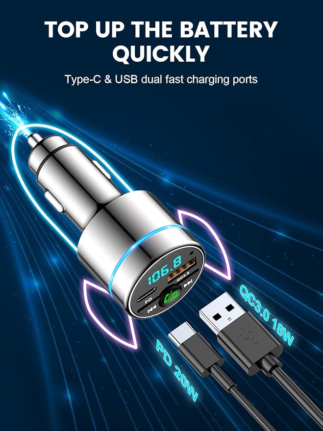 FM Transmitter for Car Bluetooth 5.3, All-Metal PD 20W & QC3.0 18W Fast Charger - Image 2
