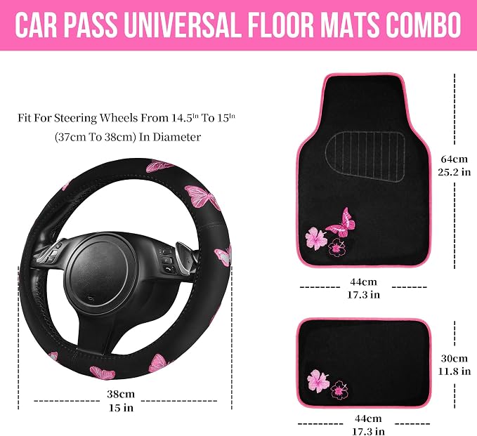 CAR PASS Embroidery Butterfly Steering Wheel Cover and Waterproof Car Floor Mats - Image 5