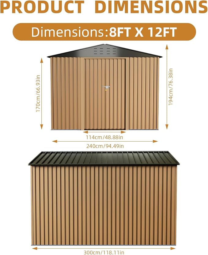 8X12FT Outdoor Metal Storage Shed, Lockable Weatherproof Garden Shed - Image 2