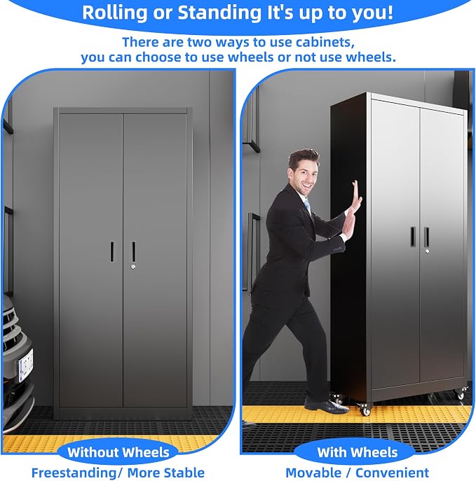 Metal Storage Cabinet with Wheels, Pegboard and 4 Hooks, Assembly Required - Image 5