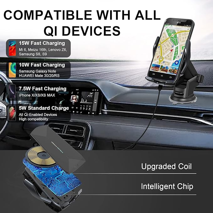 Wireless Car Charger Mount, 15W Qi Fast Charging Auto-Clamping Cell Phone Car - Image 3
