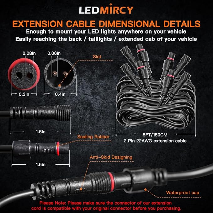 LED Rock Lights Extension Cable Wire Cord 2Pin Waterproof 4PCS 5ft 22AWG - Image 2