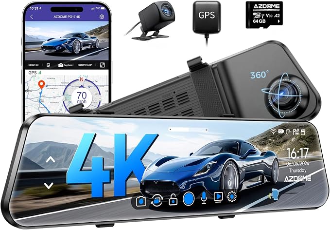 AZDOME PG17 12" 4K Mirror Dash Cam Front and Rear, Wi-Fi 6 Rear View Mirror by AZDOME