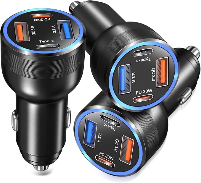 USB C Car Charger 3 Pack, Bangfun 4-Port 65W Dual 12V USB-C & USB A Car Charger by Bangfun