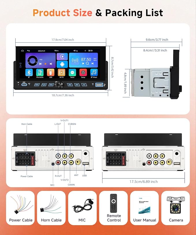 Car Stereo Single Din Wireless Carplay 6.86 inch Touch Screen Android Auto - Image 8