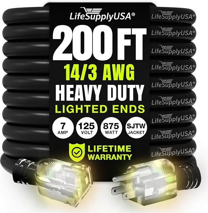 200ft Outdoor/Indoor Extension Cord 14/3 Gauge Heavy Duty 3 Prong SJTW by LifeSupplyUSA