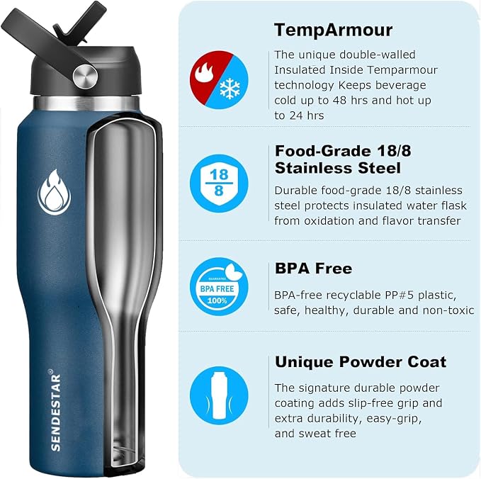 SENDESTAR 40oz Stainless Steel Water Bottle, Double Wall Vacuum Insulated Bottle - Image 2