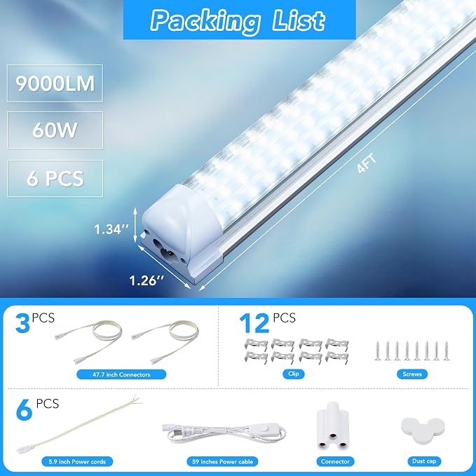T8 LED Shop Lights 4FT Garage Light, 6 Pack 60W 9600LM 6000K Daylight Work - Image 5