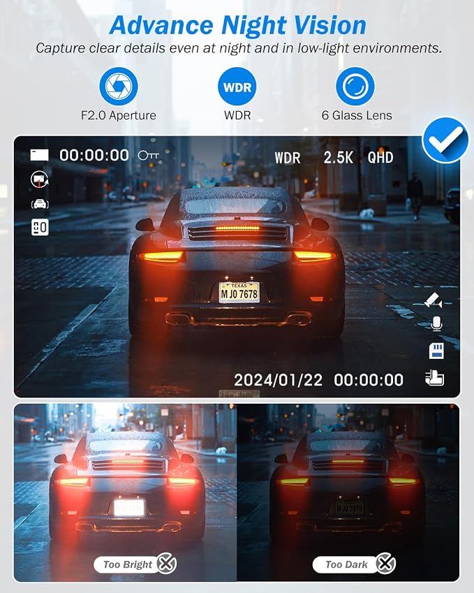 Dash Cam Front and Rear 2.5K/1440P, 3 Channel Dash Camera - Image 6