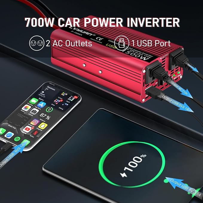 Power Inverter 700W/1500W Dual AC Outlets and USB Charging Port DC 12V to 110V - Image 8