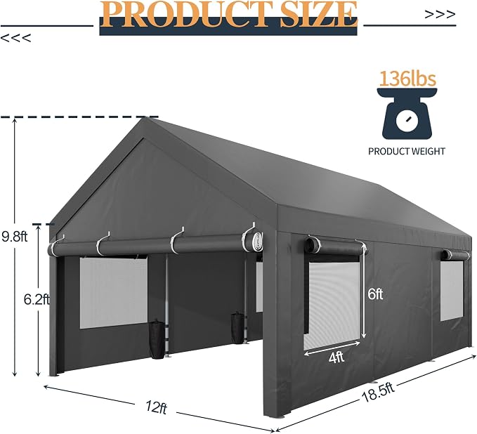 Shintenchi Carport 12' x 20' Heavy Duty Portable Garage, Carport Canopy - Image 3