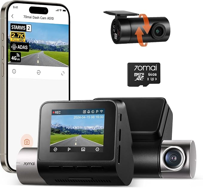 70mai Dash Cam Front and Rear A510, 1944P+1080P by 70mai