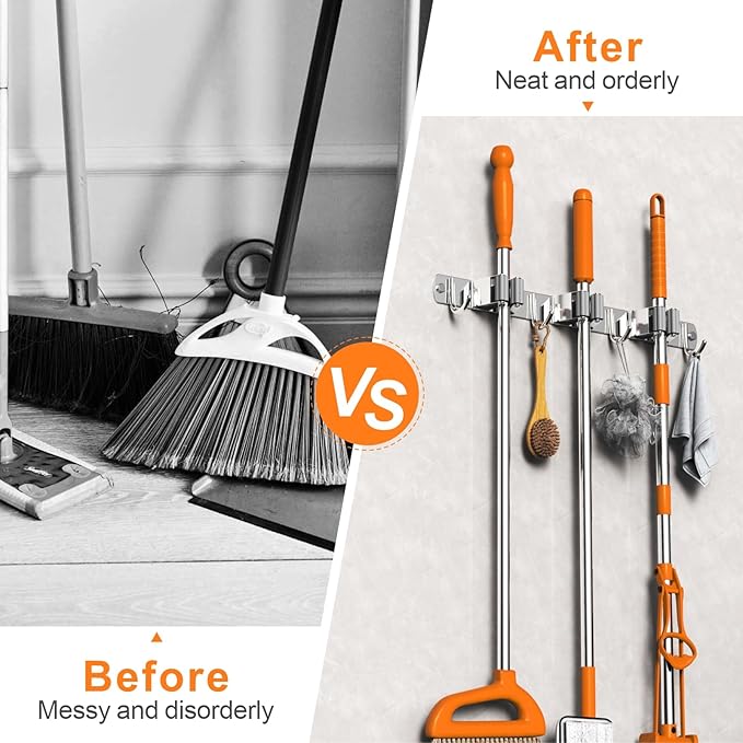 Mop and Broom Holder Wall Mount, Upgraded Broom Organizer Wall Mount, Stainless - Image 2