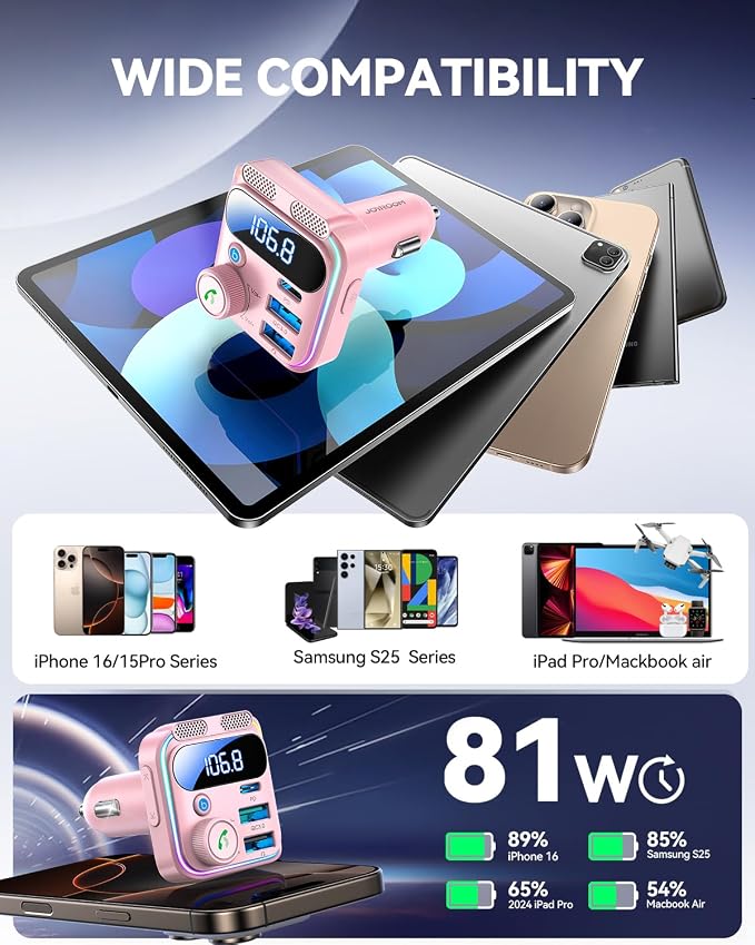 Bluetooth 5.4 Car Adapter FM Transmitter 81W PD & QC 3.0 USB C Car Charger - Image 6