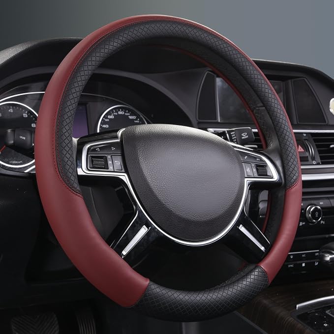 CAR PASS Rhombus Leather Universal Steering Wheel Cover, Fit - Image 3