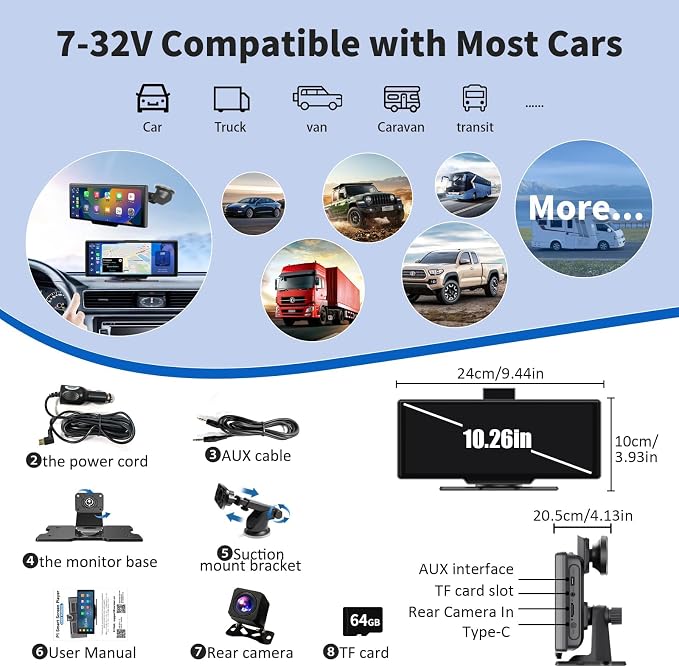 Wireless Carplay Screen, 10.26"Portable Car play & Android Auto Touch Screen - Image 7