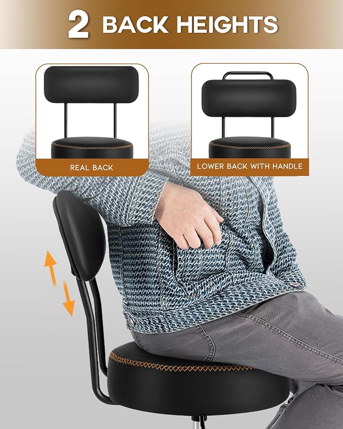 Shop Stool with Lockable Rubber Wheels Adjustable Backrest Tool Tray Storage - Image 3