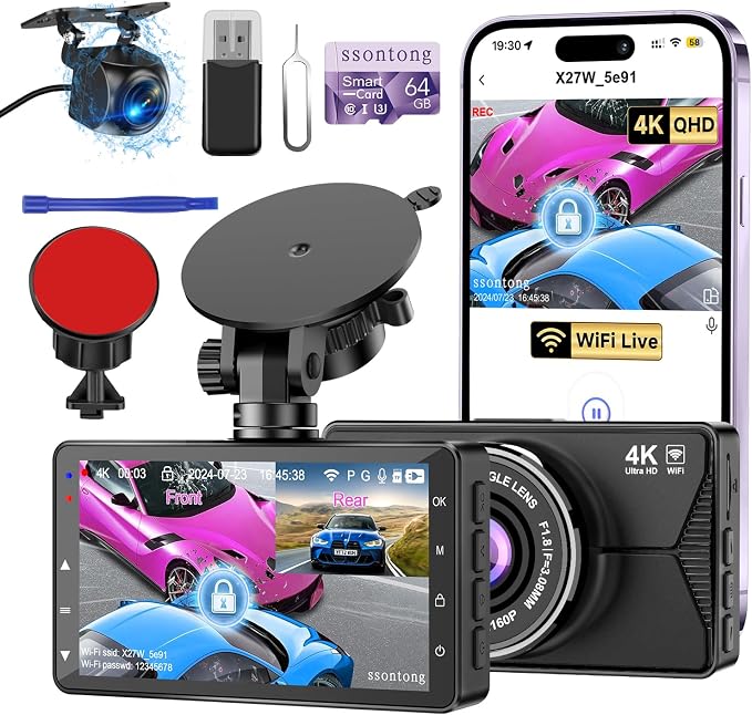 Dash Cam Front and Rear, Dash Cam 4K WiFi/APP Control Dashcam W/ 64GB Card Dash by ssontong