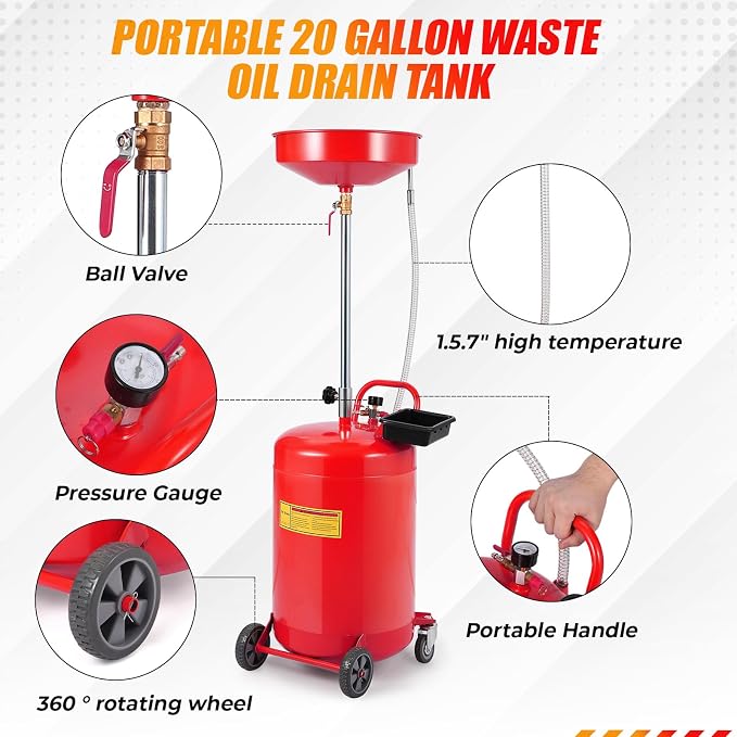 20 Gallon Waste Oil Drain Tank Portable Air Operated Oil Drainer - Image 3
