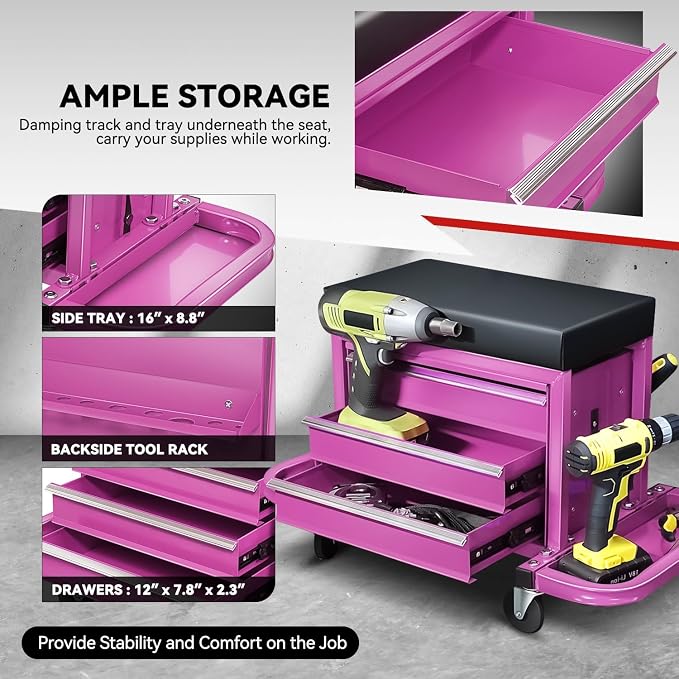 Auto Dynasty 3-Drawer Mechanic Rolling Seat, 350 LBS Capacity Roller Garage - Image 3
