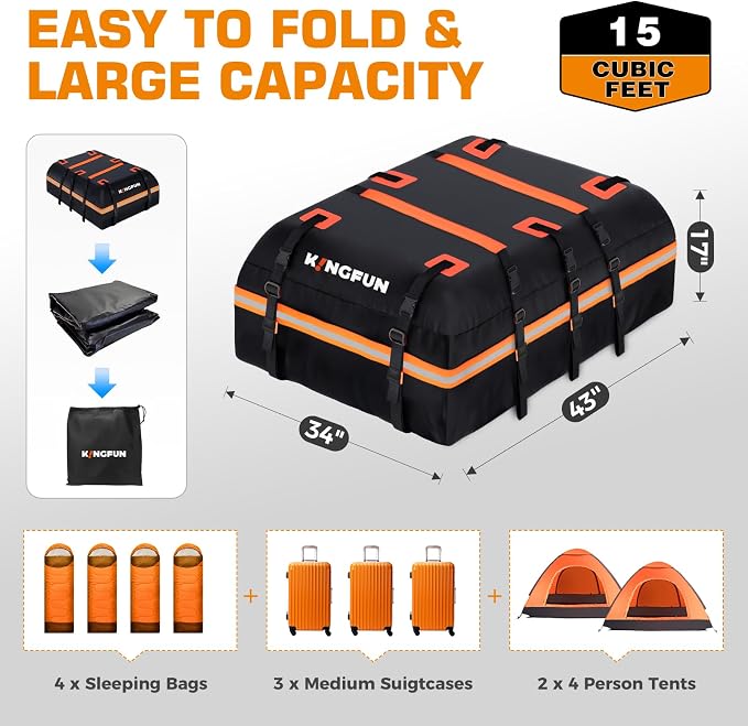 Kingfun Car Rooftop Cargo Carrier – Waterproof 15 Cubic Feet Car Roof Bag Fit - Image 4