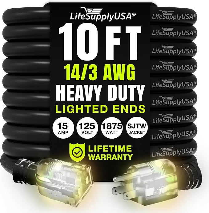 10ft Outdoor/Indoor Extension Cord 14/3 Gauge Heavy Duty 3 Prong SJTW, by LifeSupplyUSA