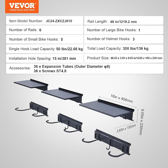VEVOR Bike Storage Rack, 6 Bike Racks and 3 Helmets Hooks, Wall Mount Bike - Image 7